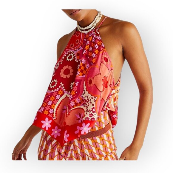 Free People I Dare You Floral Mixed Print red bohemian swing tank size S EUC - Picture 2 of 9